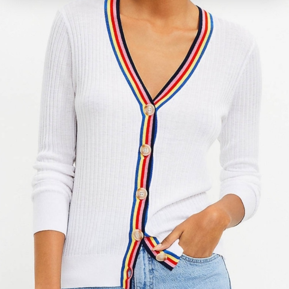 Loft white ribbed cardigan with rainbow trim